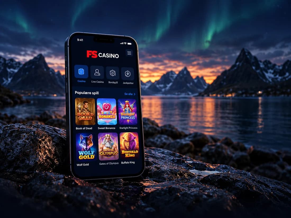FS Casino-spillbibliotek på en mobiltelefon ved en norsk fjord